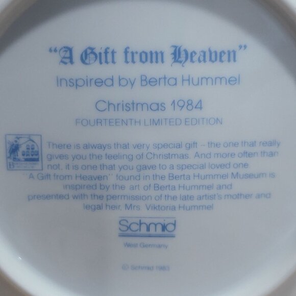 Schmid Hummel Christmas 1984 A Gift From Heaven Decorative Wall Hanging Plate - Picture 5 of 11